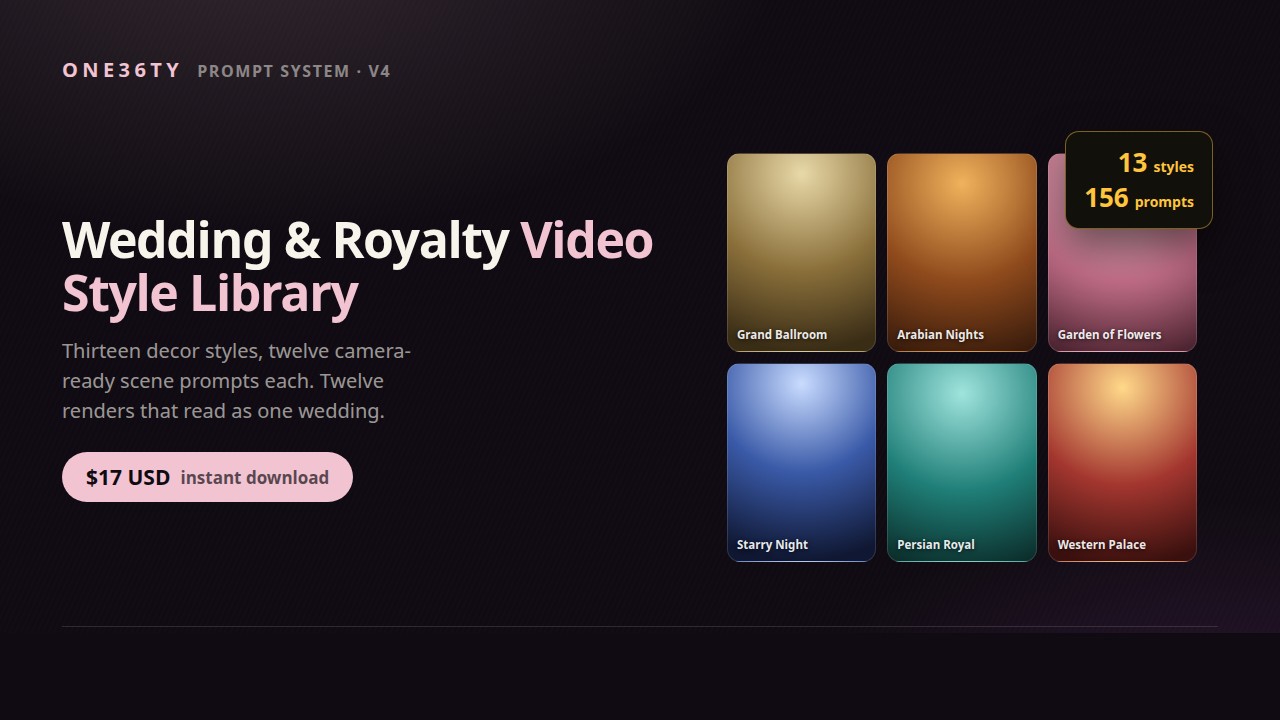 Wedding and Royalty AI Video Style Library - 13 styles, 156 prompts